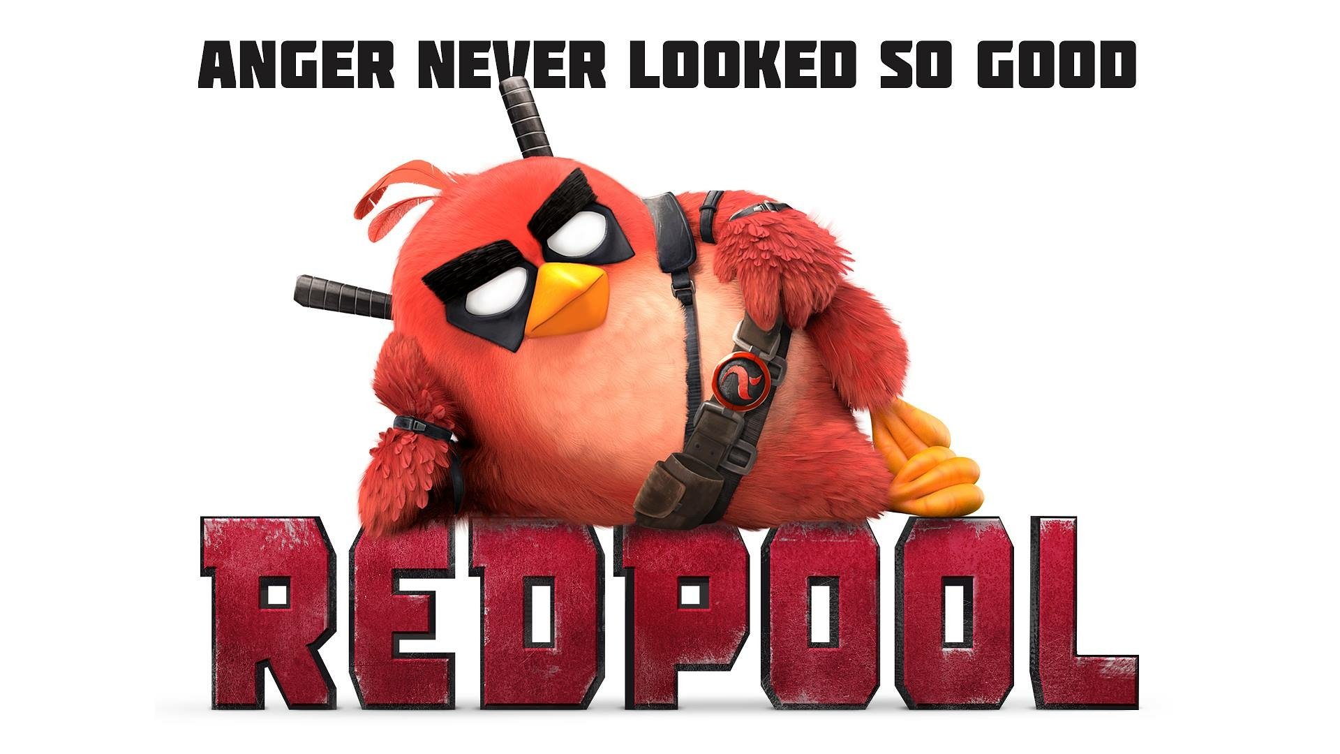 HD PC desktop wallpaper/background: The Angry Birds Movie's Red reimagined as Deadpool, lounging with swords; tagline ANGER NEVER LOOKED SO GOOD above and REDPOOL title below.