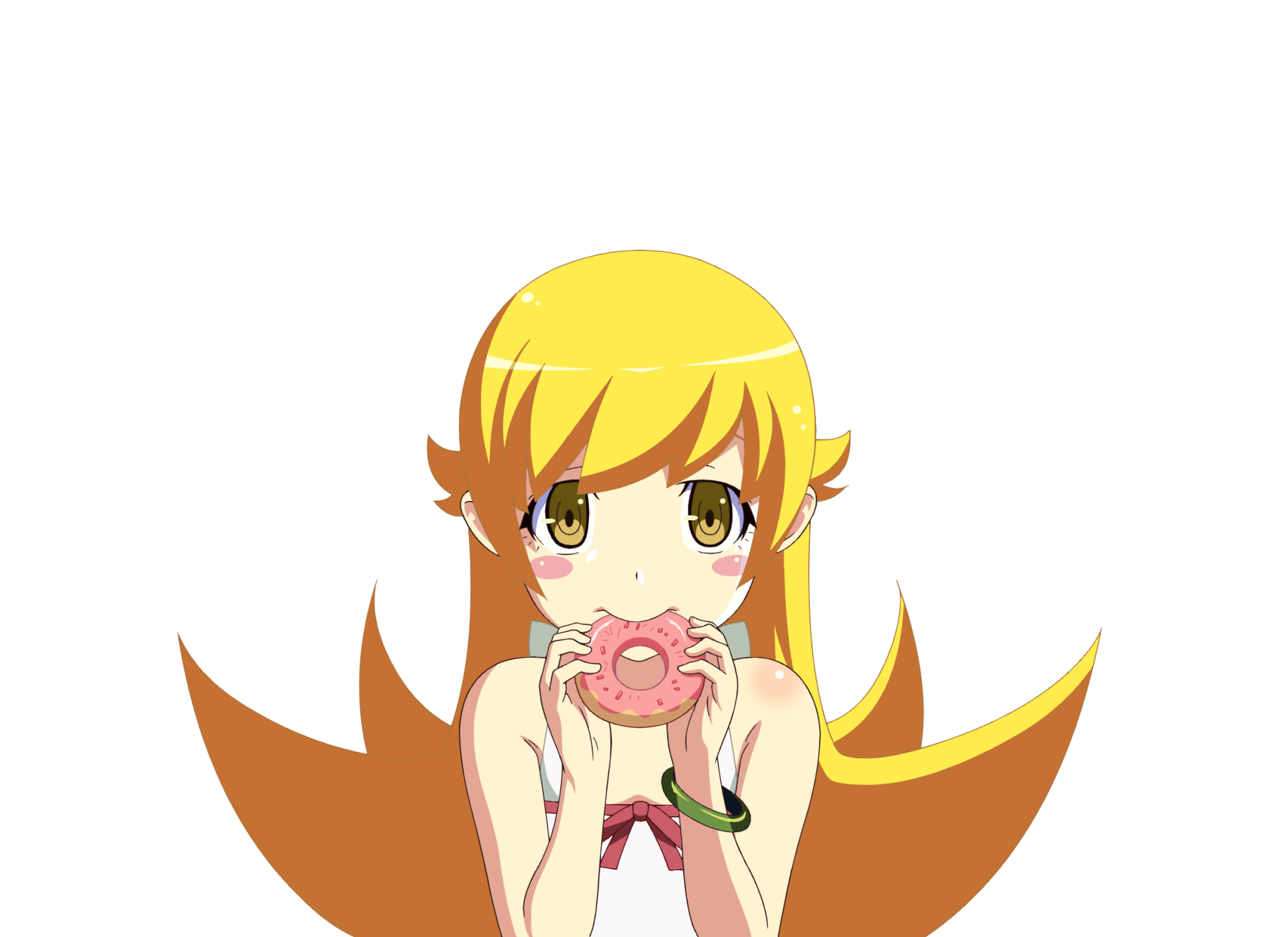 HD anime desktop wallpaper featuring a character from the Monogatari series holding a pink donut with a black background.
