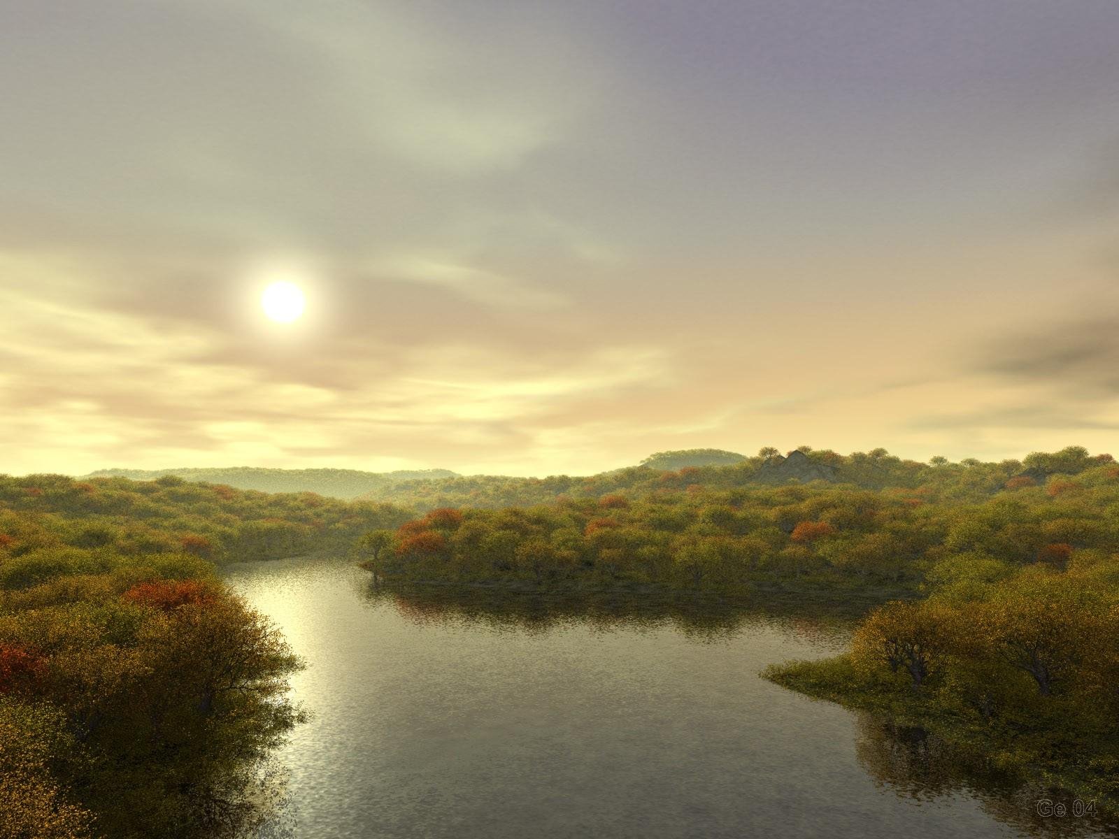 A serene natural landscape featuring a tranquil river reflecting a soft sunset, surrounded by lush greenery and hills, creating an artistic HD wallpaper for your desktop.