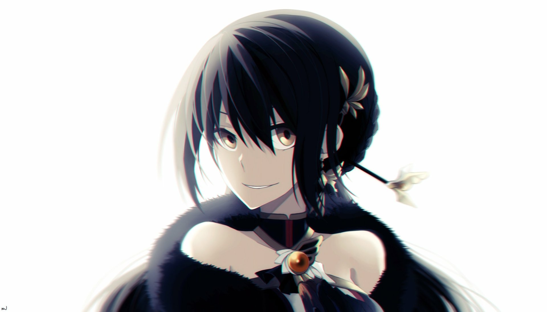 Elsword video game portrait: dark-haired anime heroine with braid, flower hairpin and choker, smiling on a bright white background — 2K Quad HD PC desktop wallpaper.