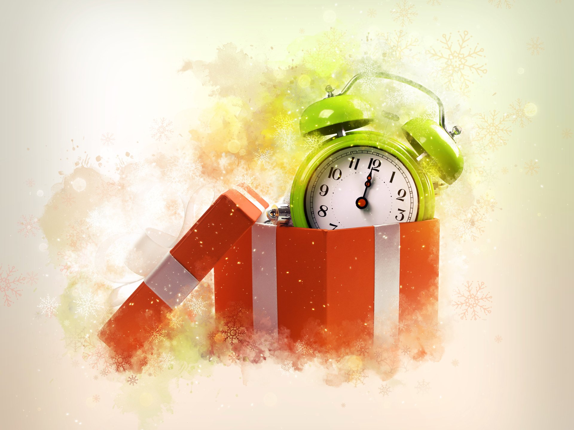 4K Ultra HD desktop wallpaper featuring a green alarm clock emerging from a red and white gift box, symbolizing New Year holiday celebrations.