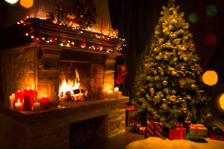 A cozy living room adorned with Christmas ornaments, a lit fireplace, glowing candles, and a beautifully decorated Christmas tree, creating a warm holiday atmosphere.