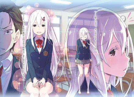 Anime HD desktop wallpaper featuring Subaru Natsuki and Echidna from Re:Zero - Starting Life in Another World. Both characters are in a classroom setting with soft, colorful lighting.