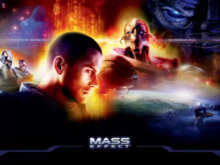HD wallpaper featuring Saren Arterius and Commander Shepard from the video game Mass Effect, showcasing a dramatic cosmic scene and the intense narrative of the series.
