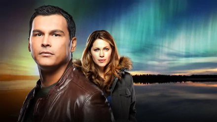HD desktop wallpaper featuring Arctic Air's Pascale Hutton with a male co-star, set against the mesmerizing aurora borealis and serene landscape.