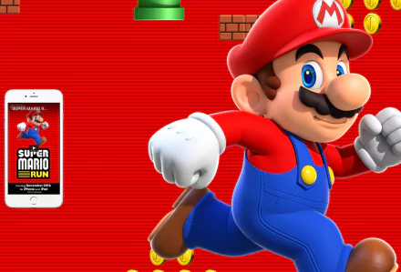 HD desktop wallpaper featuring Super Mario in action from Super Mario Run, with the game's logo on a smartphone screen.