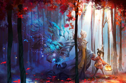 HD wallpaper featuring Moon King and Kubo from the movie Kubo and the Two Strings, amidst an enchanting forest scene with vibrant red foliage and mystical blue lights.