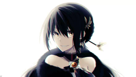 Elsword video game portrait: dark-haired anime heroine with braid, flower hairpin and choker, smiling on a bright white background — 2K Quad HD PC desktop wallpaper.