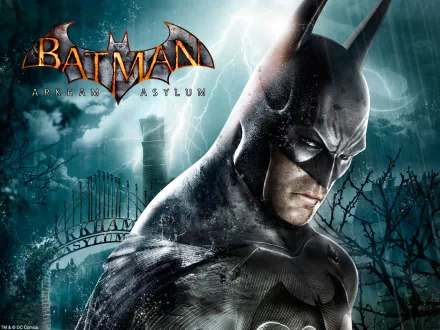 HD wallpaper featuring Batman from the video game Batman: Arkham Asylum, showcasing a dramatic pose against a stormy backdrop.