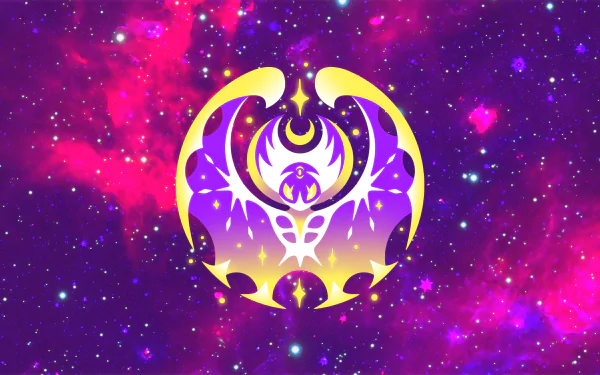 HD desktop wallpaper featuring Lunala from Pokémon: Sun and Moon, set against a vibrant, cosmic background.
