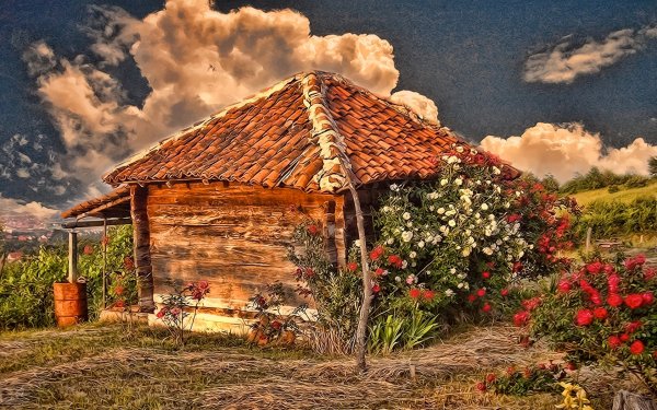 Artistic Painting Cabin Flower Tree HD Wallpaper | Background Image