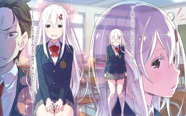 Anime HD desktop wallpaper featuring Subaru Natsuki and Echidna from Re:Zero - Starting Life in Another World. Both characters are in a classroom setting with soft, colorful lighting.