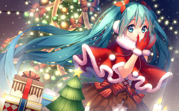 A festive HD wallpaper featuring Hatsune Miku from Vocaloid in a Christmas-themed anime style. She is surrounded by holiday decorations, including a Christmas tree and presents, against a sparkling background.