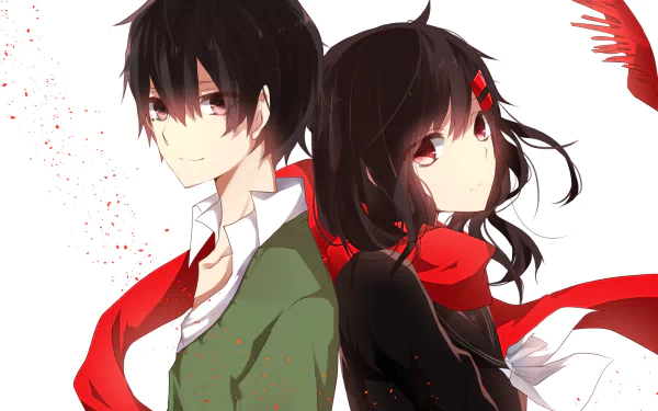 HD desktop wallpaper featuring two characters from the anime Kagerou Project. The characters have dark hair and wear red accents, with a white background and red splashes.