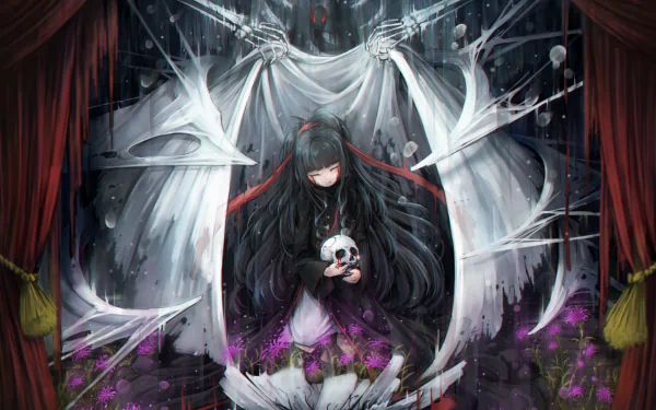 HD anime desktop wallpaper featuring Azami from Kagerou Project, surrounded by ghostly hands and dark, dramatic stage curtains.