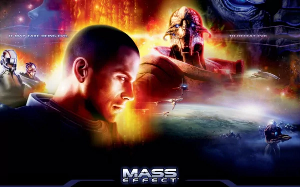 HD wallpaper featuring Saren Arterius and Commander Shepard from the video game Mass Effect, showcasing a dramatic cosmic scene and the intense narrative of the series.