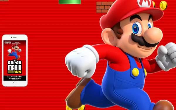 HD desktop wallpaper featuring Super Mario in action from Super Mario Run, with the game's logo on a smartphone screen.