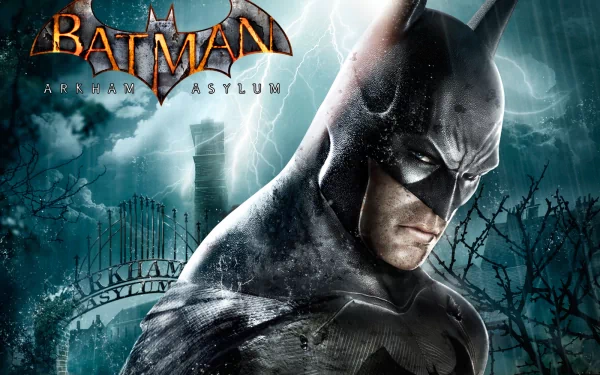 HD wallpaper featuring Batman from the video game Batman: Arkham Asylum, showcasing a dramatic pose against a stormy backdrop.