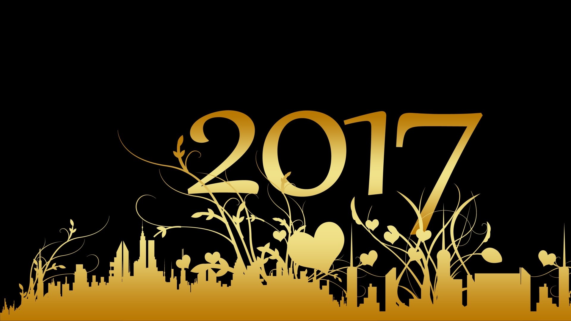 A festive HD desktop wallpaper for New Year 2017, featuring 2017 in gold with a backdrop of a city skyline and decorative flourishes on a black background.