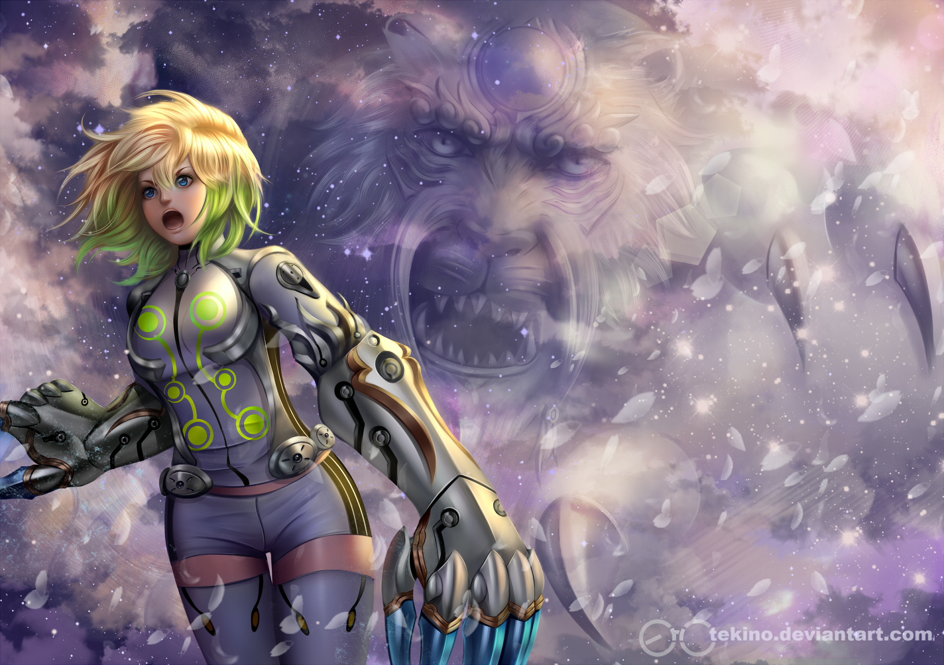 Anime HD desktop wallpaper featuring a character from Twin Star Exorcists in a futuristic outfit, with a mystical creature in the background.