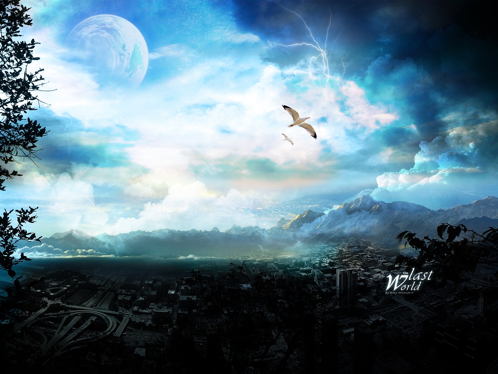 HD fantasy landscape wallpaper featuring a dramatic sky with clouds, a distant moon, soaring birds, and a sprawling cityscape below in a mystical setting.