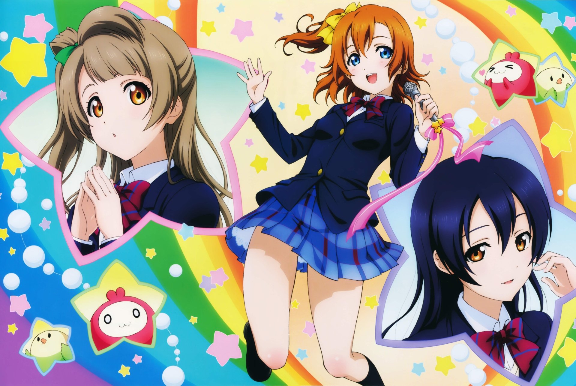 Anime-style Love Live! characters featured in vibrant colors with stars and cute creatures, designed as an 8K Ultra HD PC desktop wallpaper background.