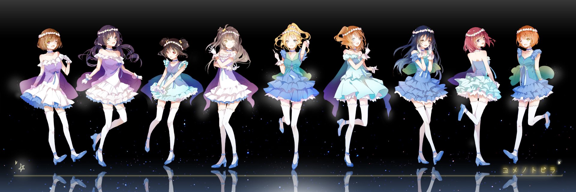 HD PC desktop wallpaper featuring Umi Sonoda, Rin Hoshizora, Nozomi Tojo, Nico Yazawa, Maki Nishikino, Kotori Minami, Honoka Kousaka, Hanayo Koizumi, and Eri Ayase from Love Live!