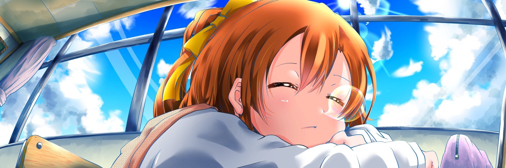 HD PC desktop wallpaper featuring Honoka Kousaka from the anime Love Live!, depicted with a soft expression against a bright sky background.