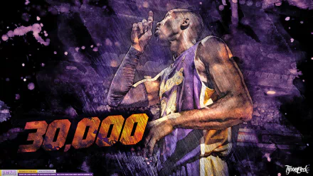 HD wallpaper featuring a basketball player in a yellow and purple jersey with the number 30,000 prominently displayed, set against a stylized purple background.