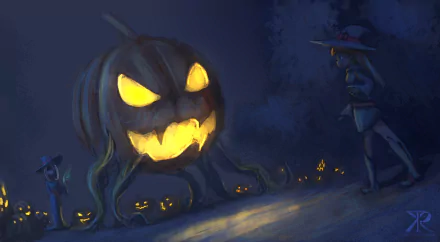 Atsuko Kagari from Little Witch Academia faces a giant glowing jack-o'-lantern and tiny pumpkins at night — anime HD PC desktop wallpaper/background.