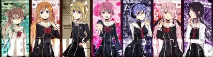 HD PC desktop wallpaper background of three Anime characters from ChaoS;Child: blonde, pink- and blue-haired schoolgirls in dark uniforms posed against textured colored panels.