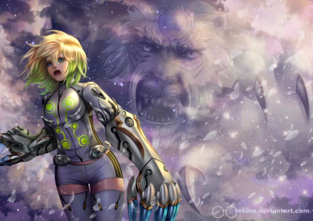 Anime HD desktop wallpaper featuring a character from Twin Star Exorcists in a futuristic outfit, with a mystical creature in the background.