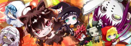HD desktop wallpaper featuring chibi characters from the anime Twin Star Exorcists in Halloween-themed costumes. Bright and colorful background adds a festive touch.