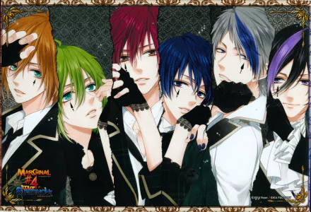 Anime group portrait of Marginal#4: Kiss kara Tsukuru Big Bang — five male idols in black uniforms with colorful hair, rendered as a 5K Ultra HD PC desktop wallpaper.