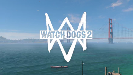 HD PC desktop wallpaper featuring the Watch Dogs 2 logo over a scenic view of the Golden Gate Bridge from the video game Watch Dogs series.