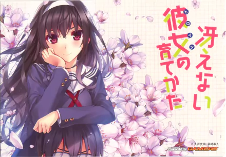 HD PC desktop wallpaper featuring an anime girl from Saekano: How to Raise a Boring Girlfriend, surrounded by cherry blossoms with vibrant colors and detailed artwork.