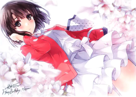 HD desktop wallpaper of a character from the anime Saekano: How to Raise a Boring Girlfriend, featuring a girl in a red jacket and white dress surrounded by pink flowers.