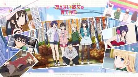 HD wallpaper featuring characters Michiru Hyodo, Tomoya Aki, Eriri Spencer Sawamura, Utaha Kasumigaoka, and Megumi Katō from the anime Saekano: How to Raise a Boring Girlfriend, set against a vibrant background.