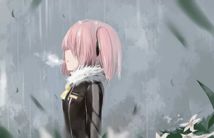 HD desktop wallpaper of a character from the video game Closers, featuring a pink-haired girl with a pensive expression in a rainy setting.
