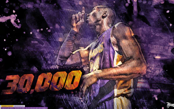 HD wallpaper featuring a basketball player in a yellow and purple jersey with the number 30,000 prominently displayed, set against a stylized purple background.