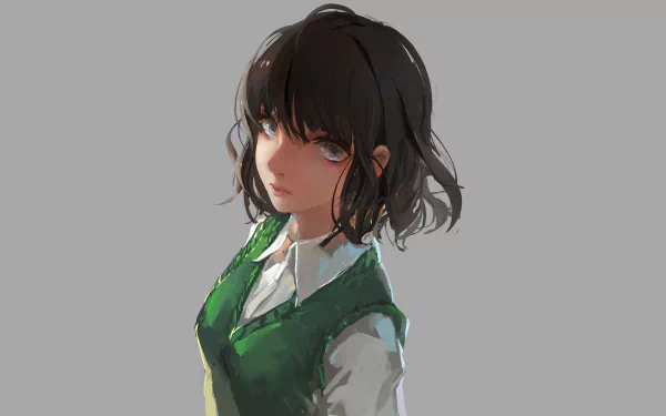 4K Ultra HD PC wallpaper featuring Hanabi Yasuraoka from the anime Kuzu no Honkai, depicted with dark hair and a green vest against a neutral gray background.