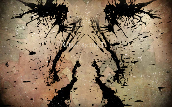 ChaoS;Child anime HD PC desktop wallpaper/background: grungy brown canvas with mirrored black inkblot silhouettes, splatters and textured noise