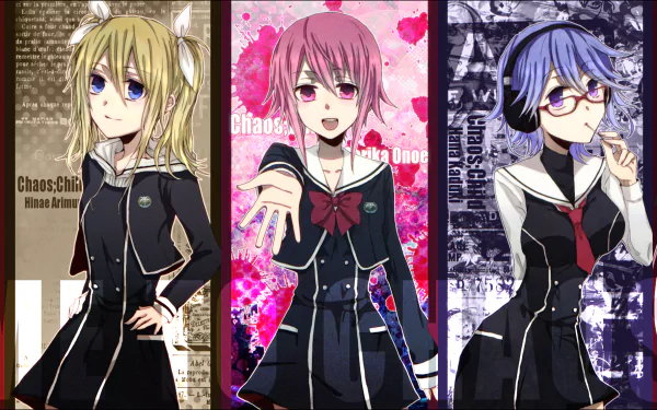 HD PC desktop wallpaper background of three Anime characters from ChaoS;Child: blonde, pink- and blue-haired schoolgirls in dark uniforms posed against textured colored panels.