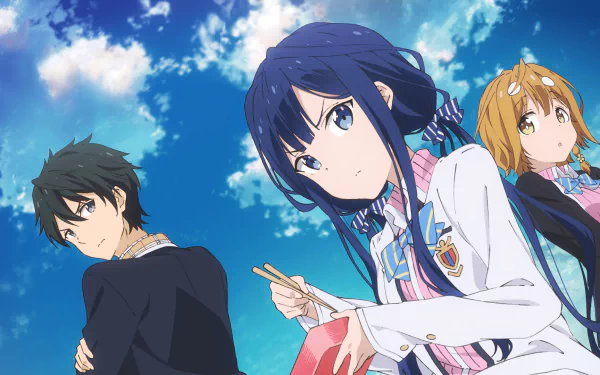 HD desktop wallpaper featuring Yoshino Koiwai, Aki Adagaki, and Masamune Makabe from the anime Masamune-kun's Revenge against a vibrant blue sky backdrop.