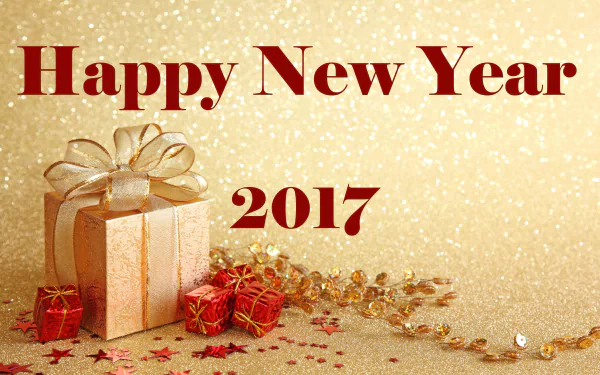 Gold and red glittering New Year 2017 gift boxes with festive decorations on a sparkling background, 4K Ultra HD desktop wallpaper.