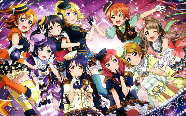 An HD desktop wallpaper featuring Umi Sonoda, Rin Hoshizora, Nozomi Tojo, Nico Yazawa, Maki Nishikino, Kotori Minami, Honoka Kousaka, Hanayo Koizumi, and Eri Ayase from the anime Love Live!.