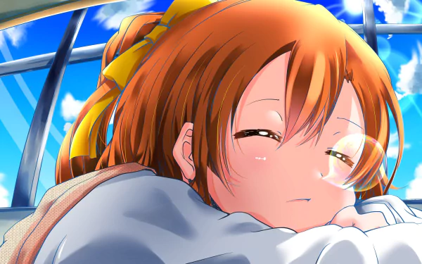 HD PC desktop wallpaper featuring Honoka Kousaka from the anime Love Live!, depicted with a soft expression against a bright sky background.