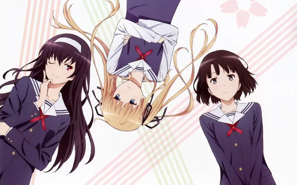 Anime-style 4K Ultra HD PC wallpaper featuring three female characters from Saekano: How to Raise a Boring Girlfriend in school uniforms against a pastel striped background.