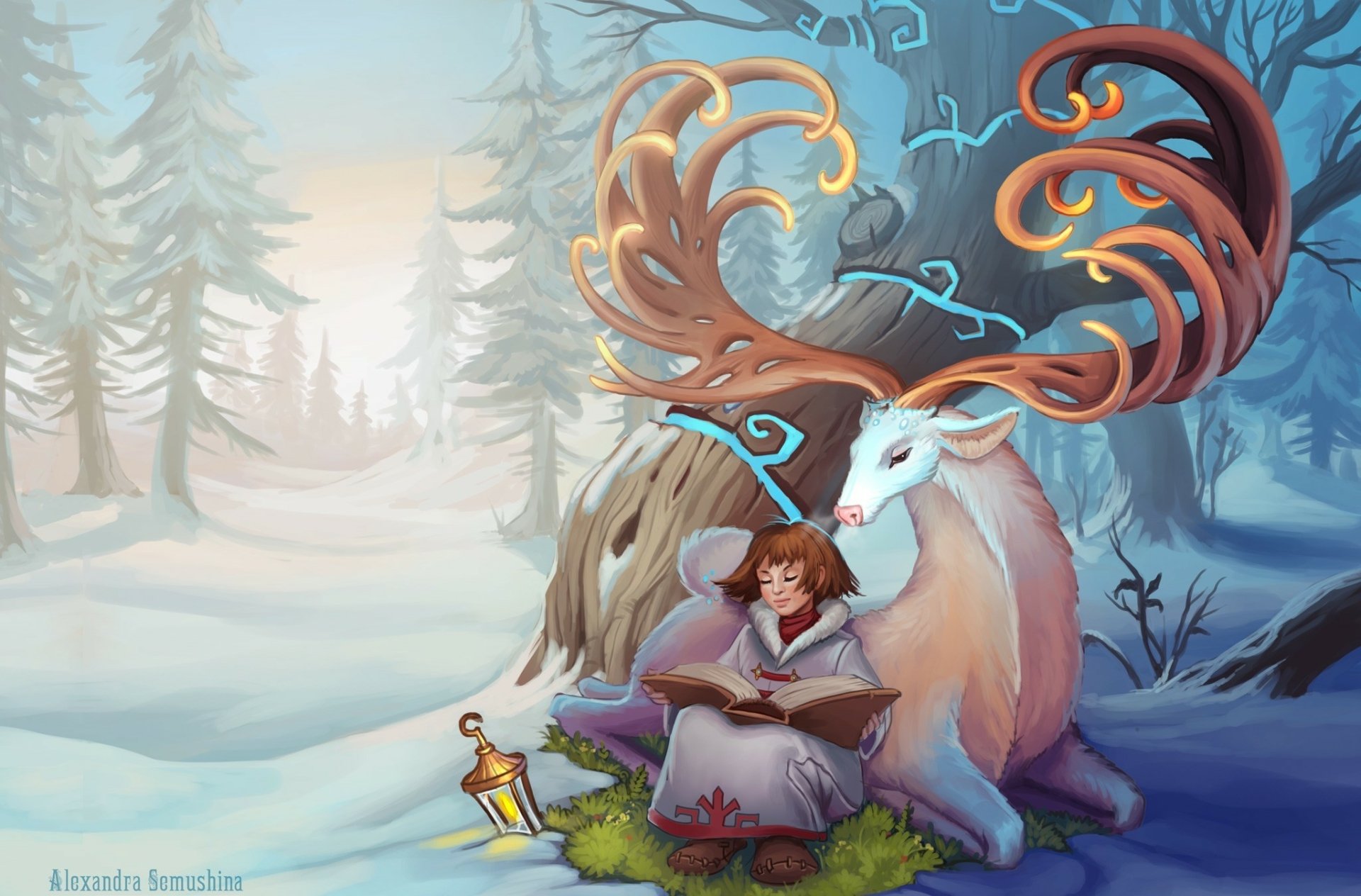 A child reads a book beside a majestic elk with glowing antlers in a snowy winter forest, blending fantasy elements in an HD PC desktop wallpaper.