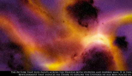 HD desktop wallpaper of a painting depicting space with a nebula, capturing a religious theme with a Christian perspective of God in the cosmos. The text at the bottom reflects on divine inspiration and wonder.